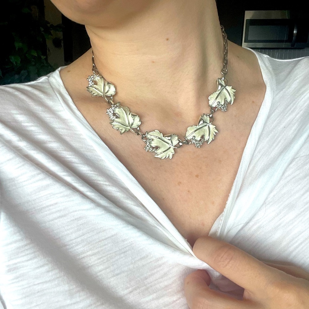 Antique Silver Leaf Rhinestone Statement Necklace - image 1